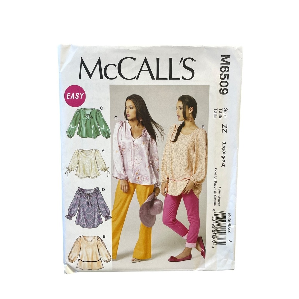 McCall's M6509 Misses' Loose Blouse Top L XL XXL Pullover‎ Tie